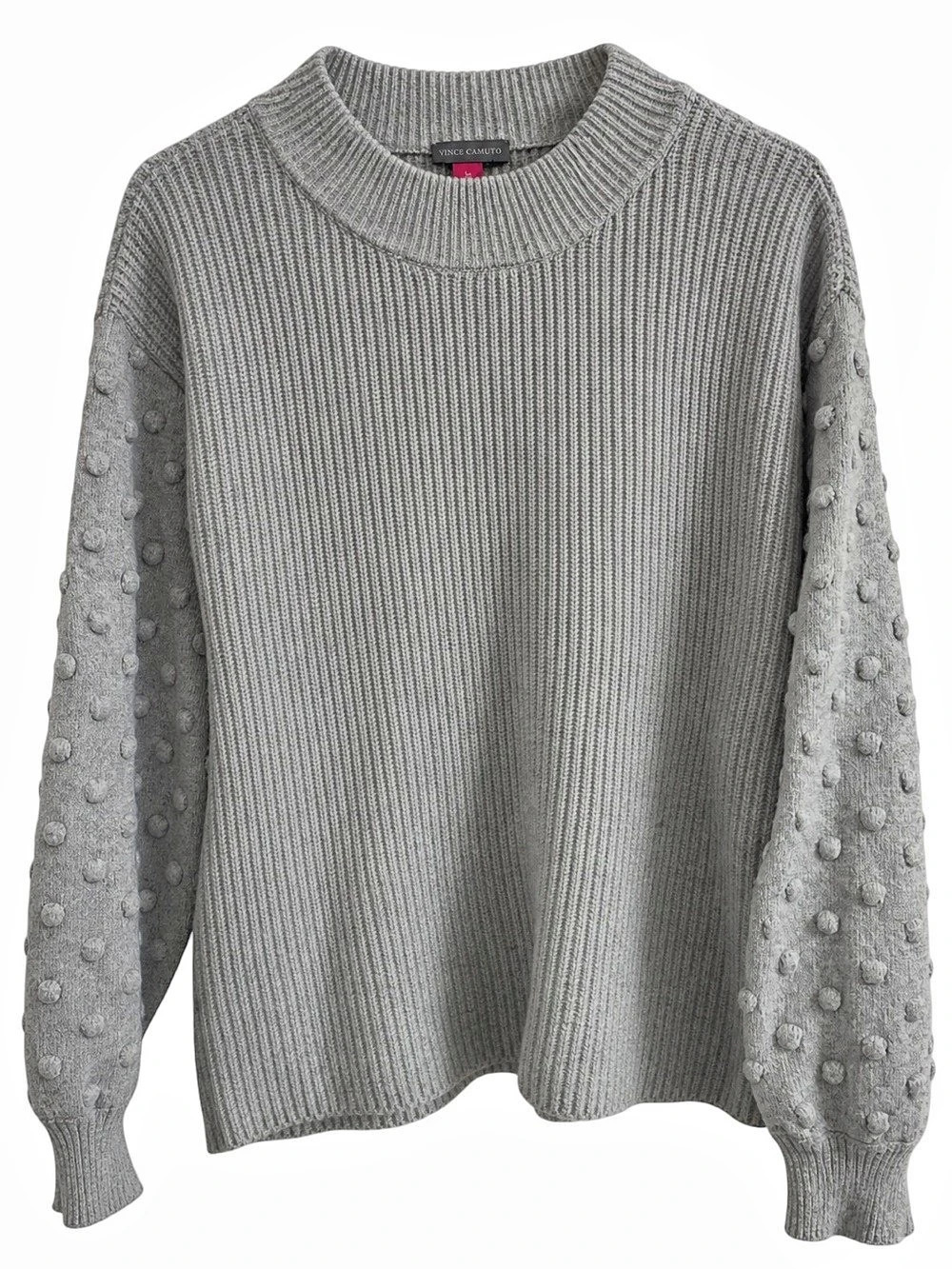Vince Camuto Bobble Stitch Sleeve Ribbed Sweater Gray Medium